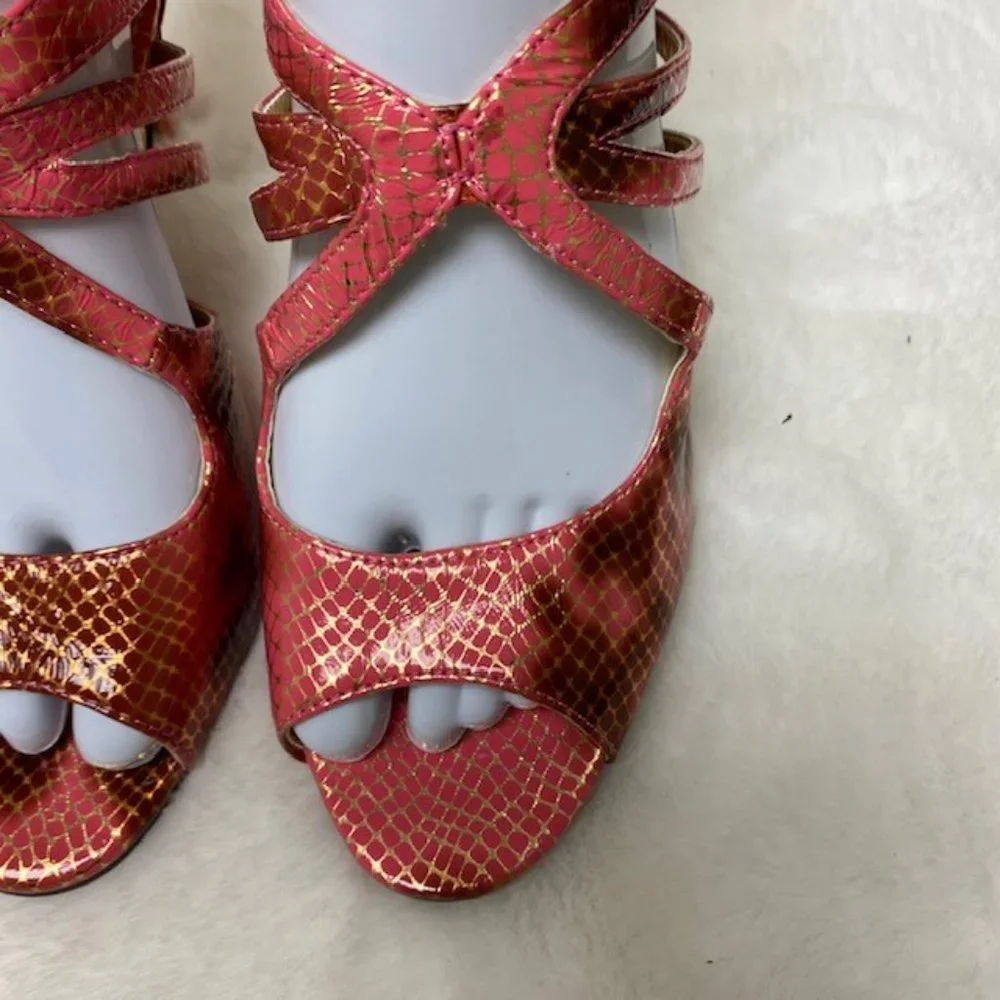 WILD ROSE Gold Pink Strappy Faux Snake Heels, size 7‎